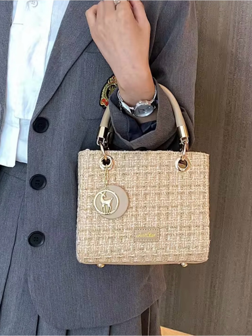 NWOT Stylish Beige Tweed Top-Handle Bag with Gold Charm